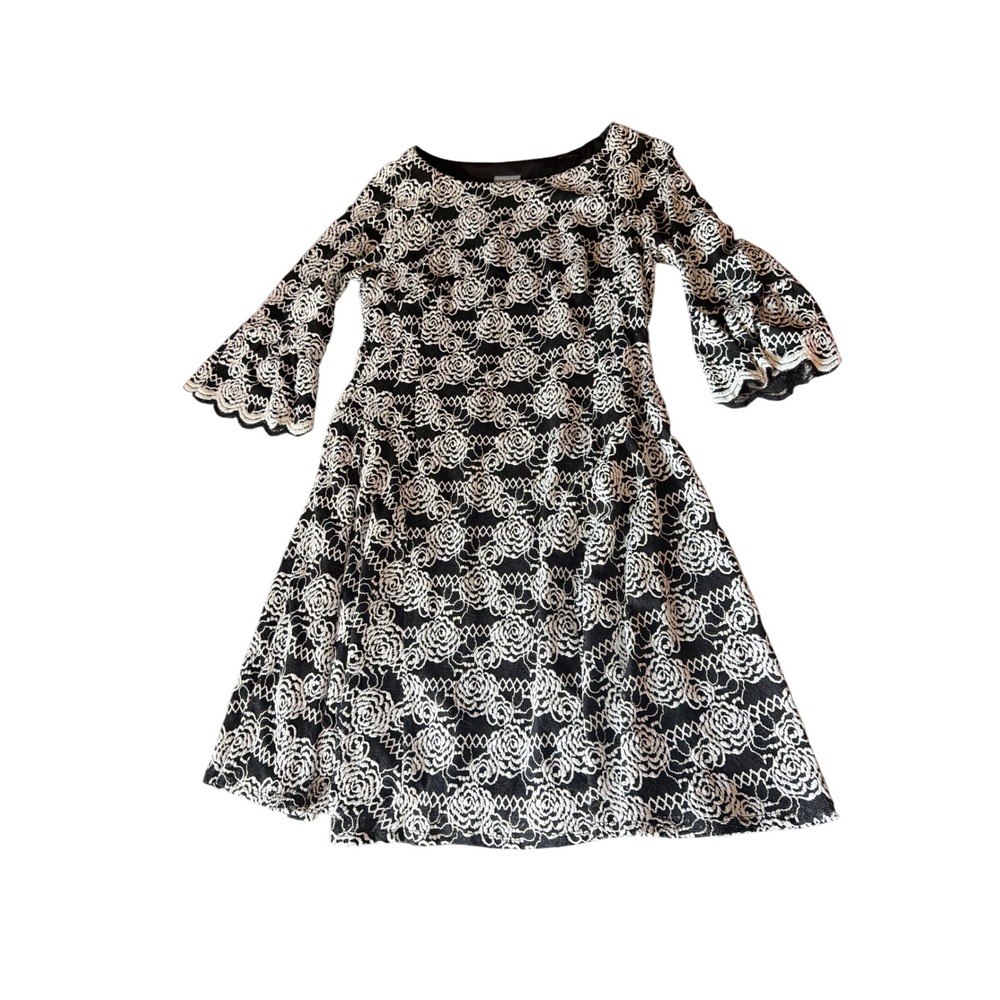 Rabbit Rabbit Rabbit Designs Dress Black White Floral Lace Bell Sleeve A-Line 14